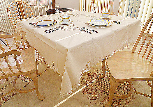 Happy Festive 70" Square Tablecloth. Battenburg. Pearl - Click Image to Close